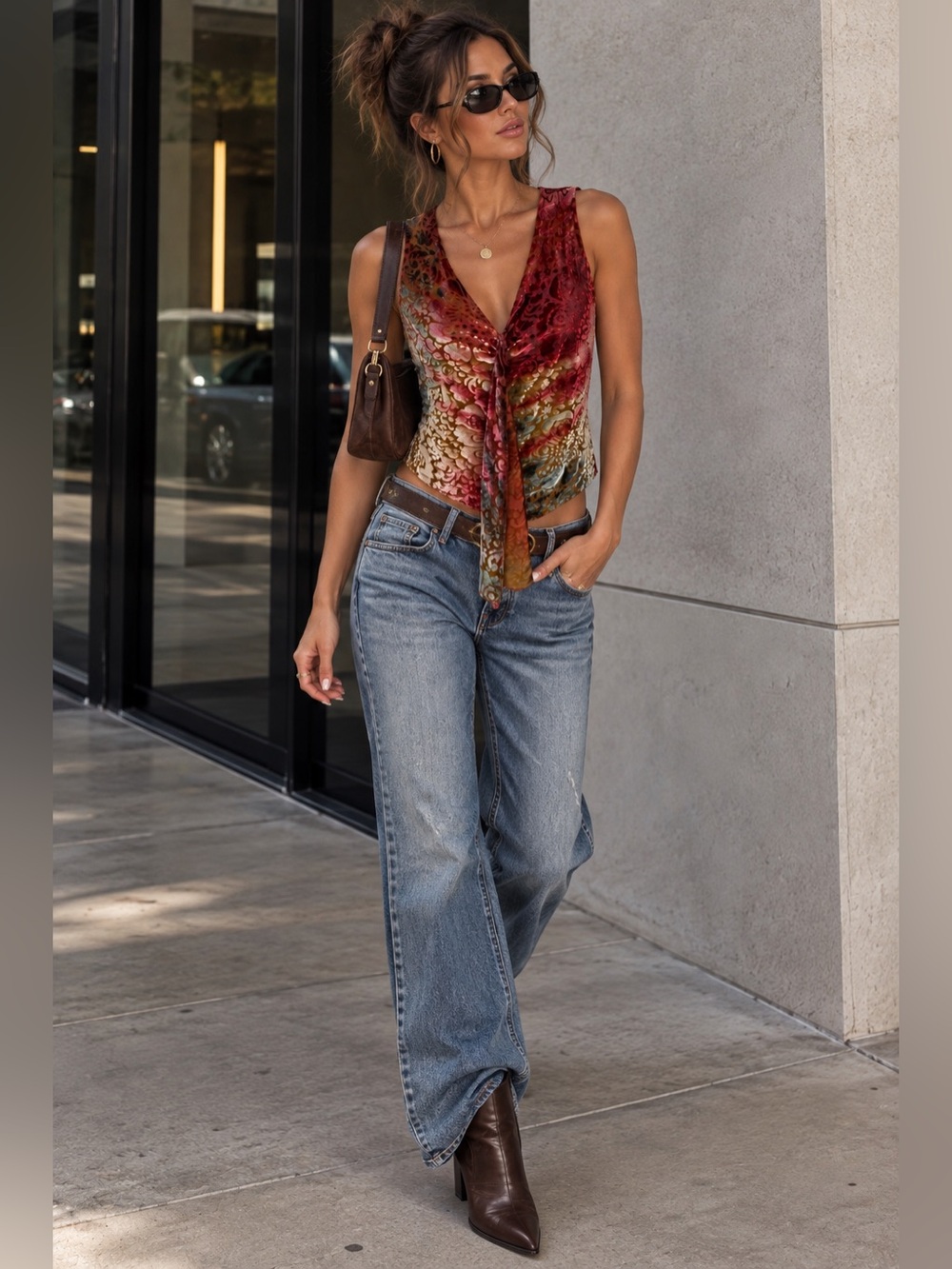 Julie Mango Velvet Burnout Tunic Top Size M Y2K Boho Floral Ombre